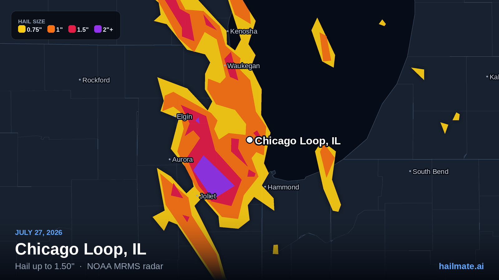Hail swath map for Chicago Loop, IL on July 27, 2026 showing 1.50 inch hail.