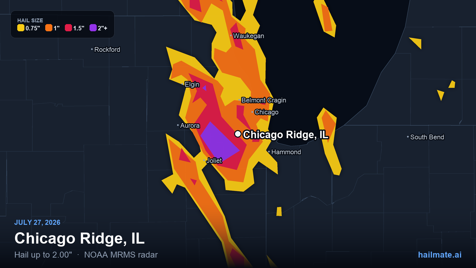 Hail swath map for Chicago Ridge, IL on July 27, 2026 showing 2.00 inch hail.
