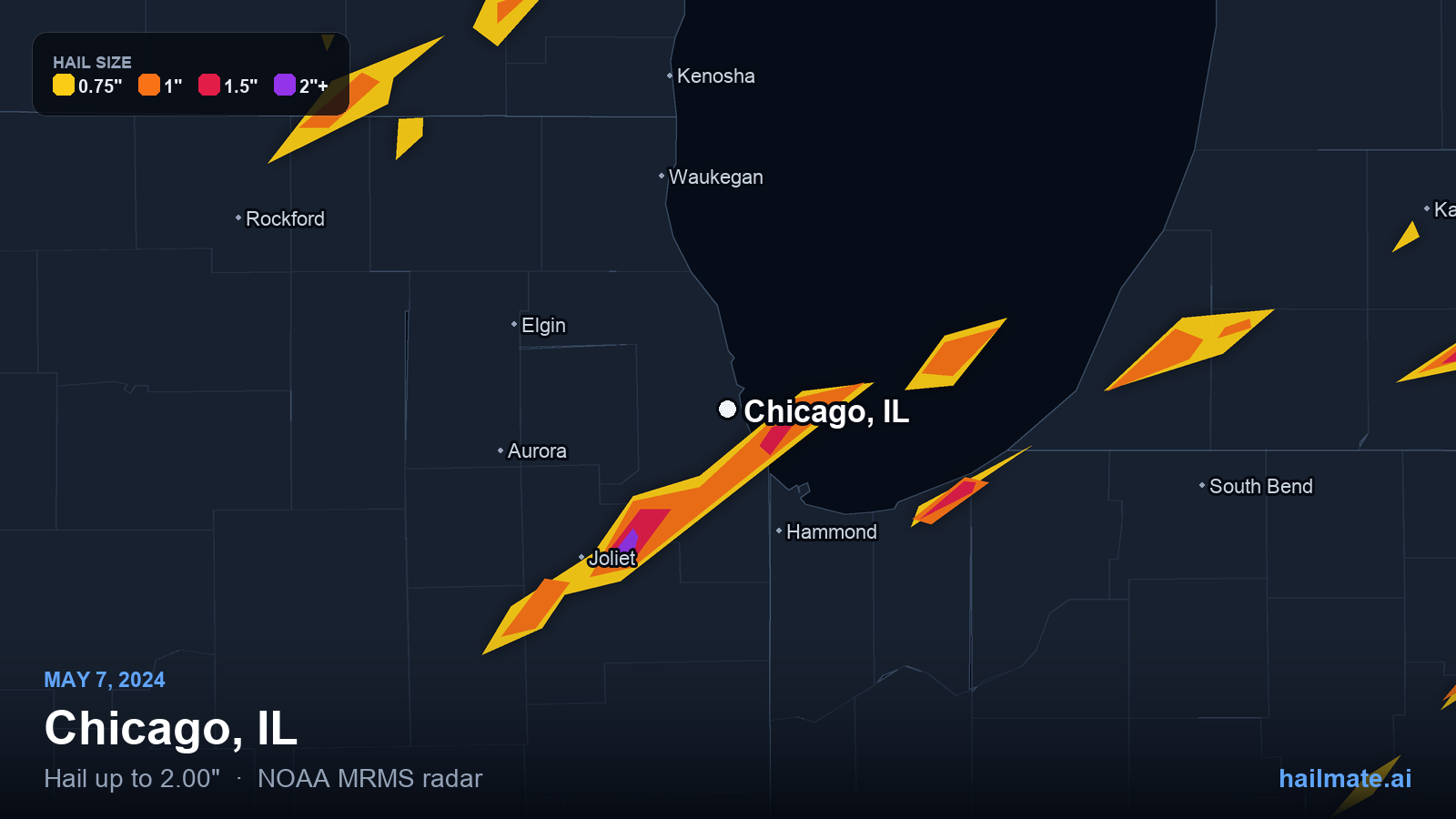 Hail swath map for Chicago, IL on May 7, 2024 showing 2.00 inch hail.