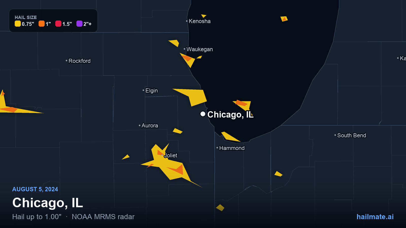 Hail swath map for Chicago, IL on August 5, 2024 showing 1.00 inch hail.