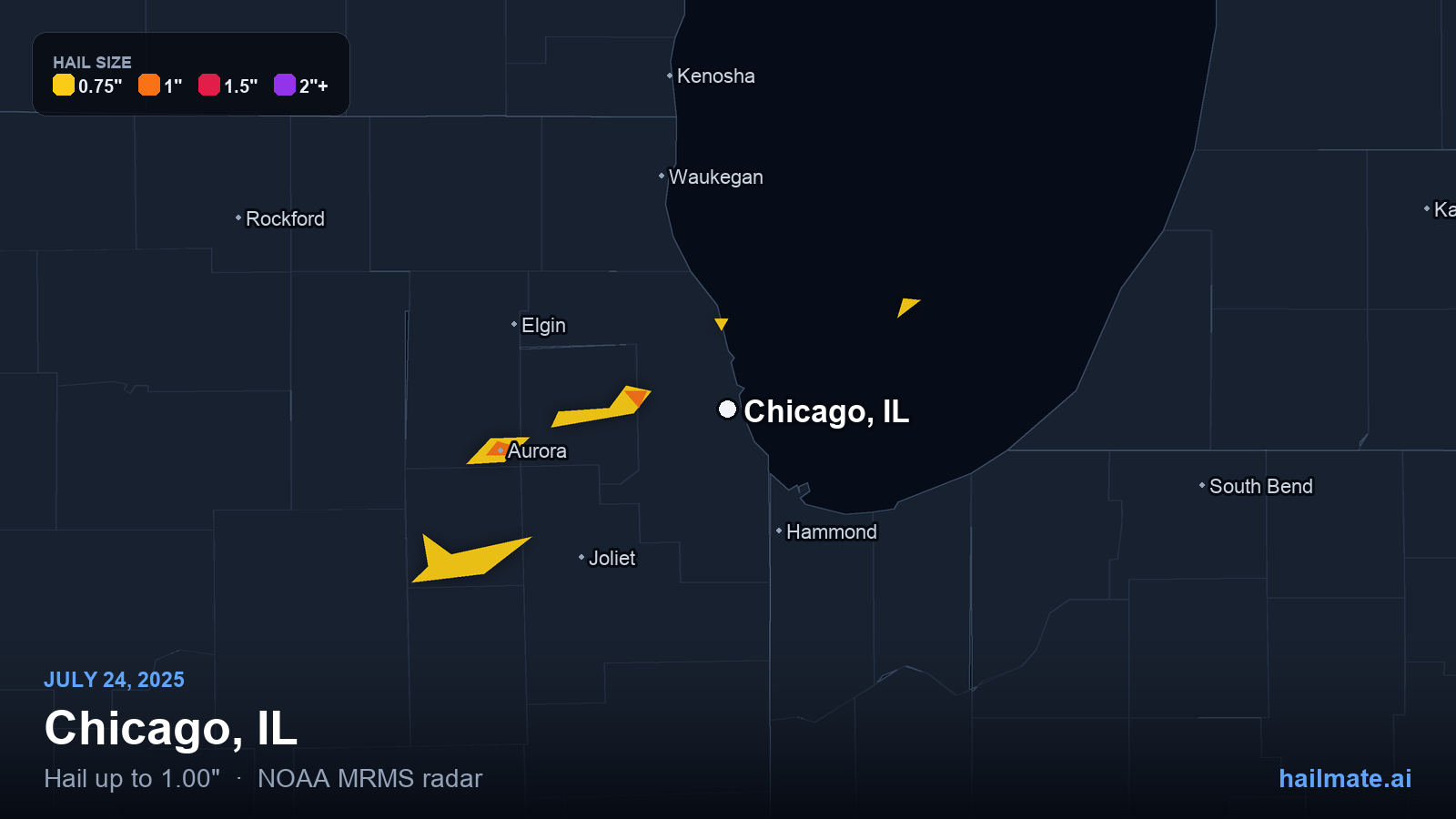 Hail swath map for Chicago, IL on July 24, 2025 showing 1.00 inch hail.