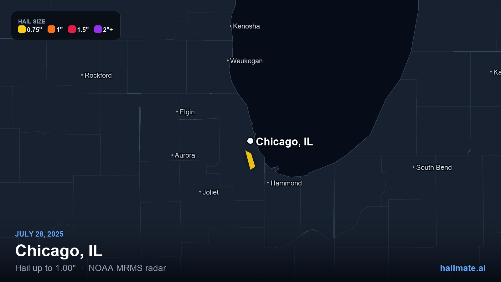 Hail swath map for Chicago, IL on July 28, 2025 showing 1.00 inch hail.