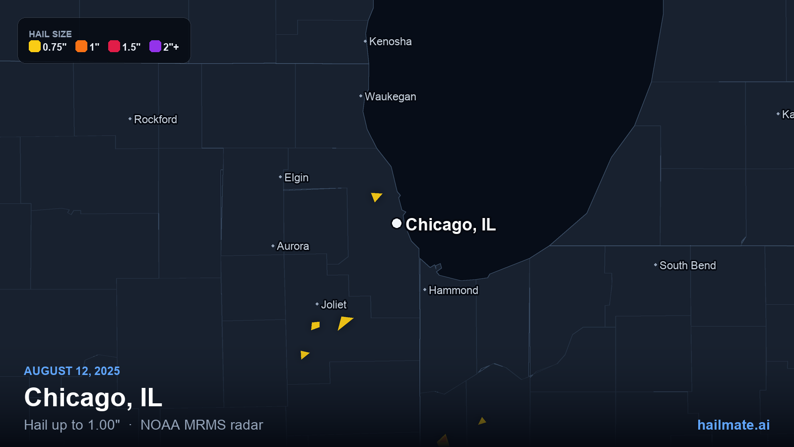 Hail swath map for Chicago, IL on August 12, 2025 showing 1.00 inch hail.