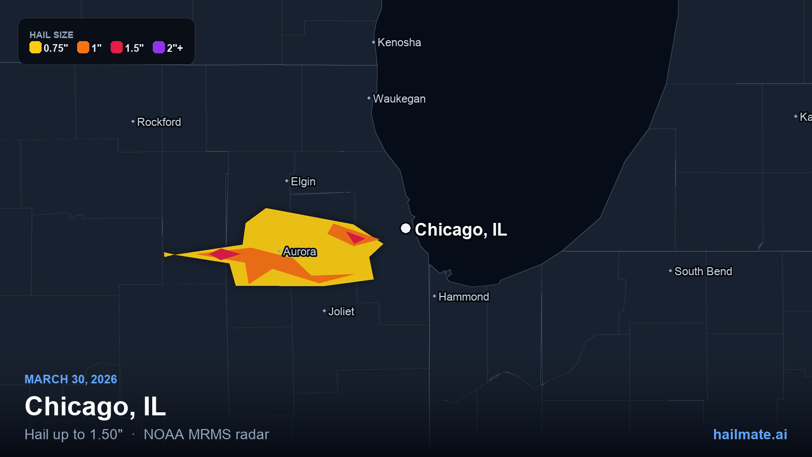 Hail swath map for Chicago, IL on March 30, 2026 showing 1.50 inch hail.