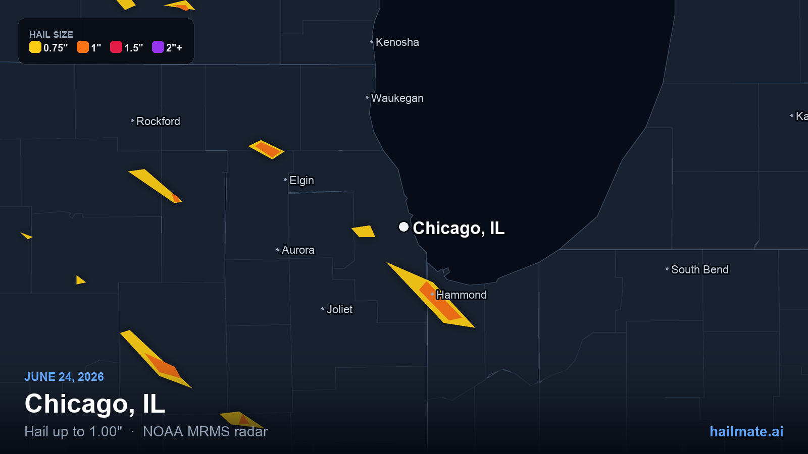Hail swath map for Chicago, IL on June 24, 2026 showing 1.00 inch hail.