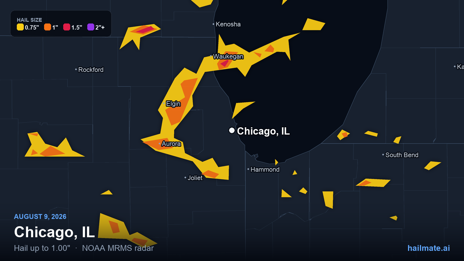 Hail swath map for Chicago, IL on August 9, 2026 showing 1.00 inch hail.