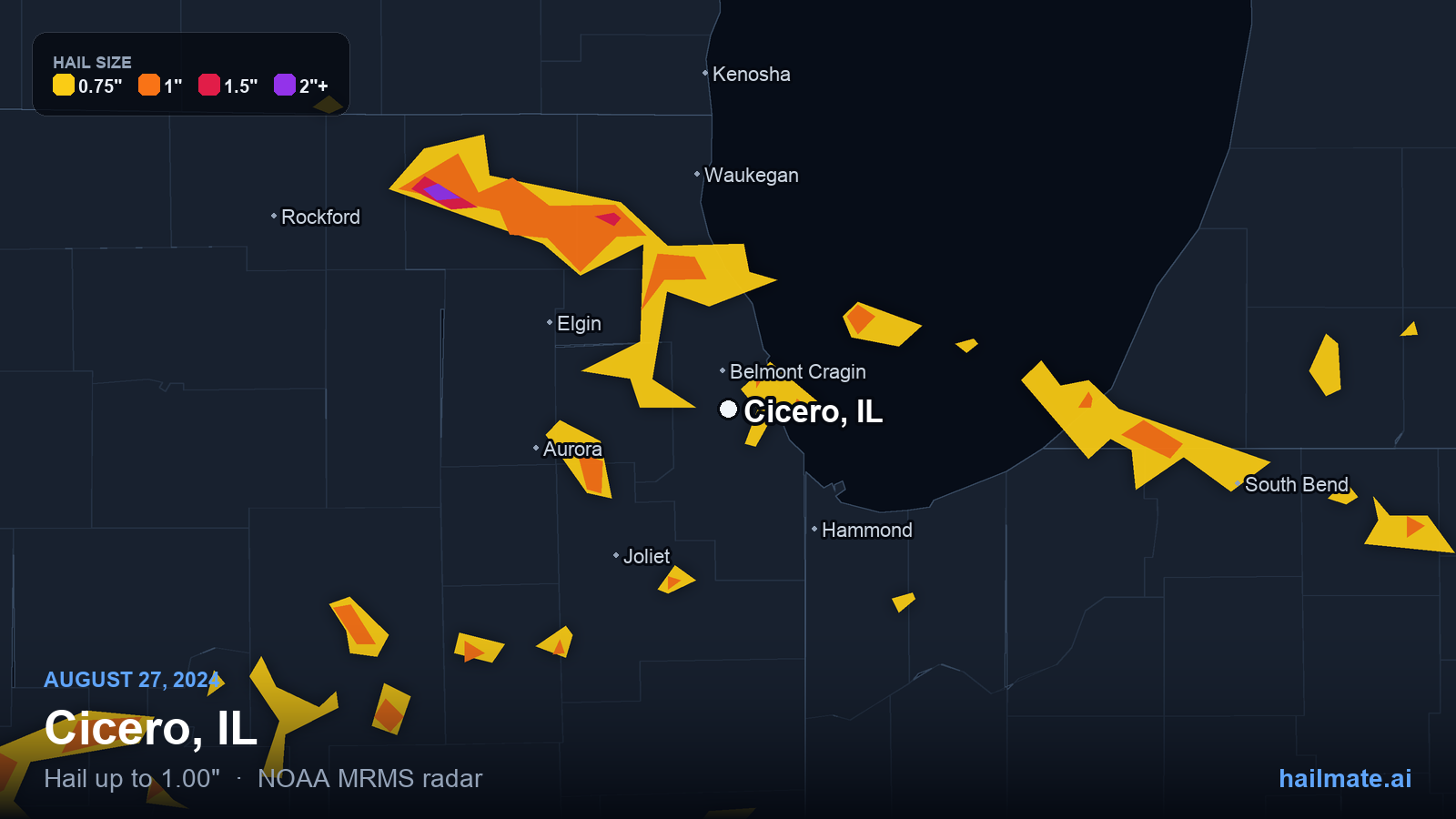 Hail swath map for Cicero, IL on August 27, 2024 showing 1.00 inch hail.