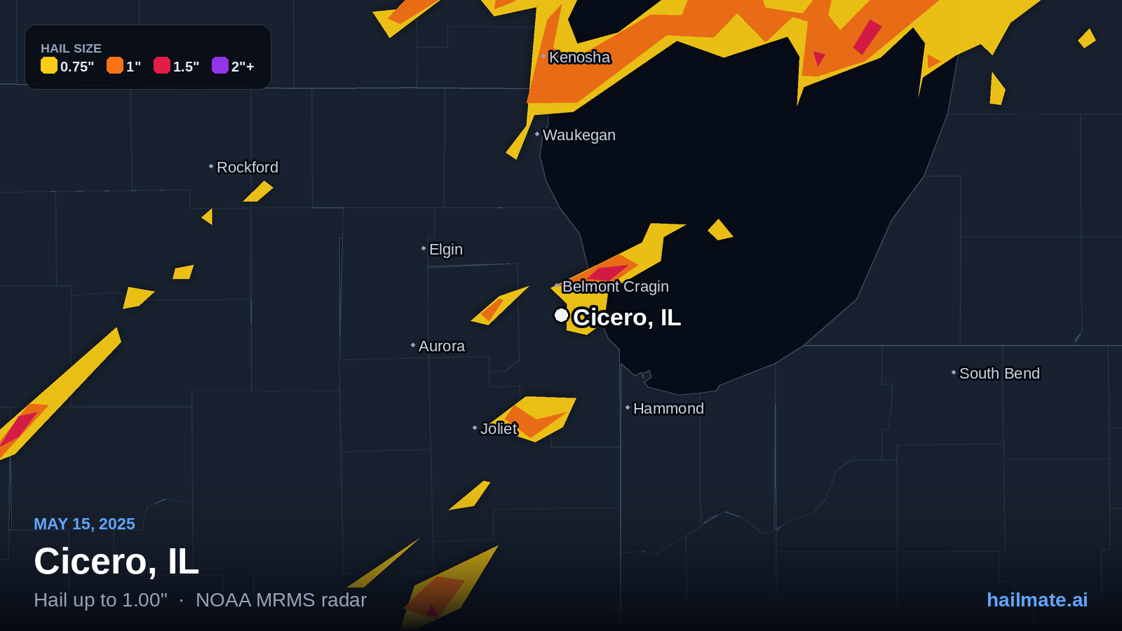 Hail swath map for Cicero, IL on May 15, 2025 showing 1.00 inch hail.