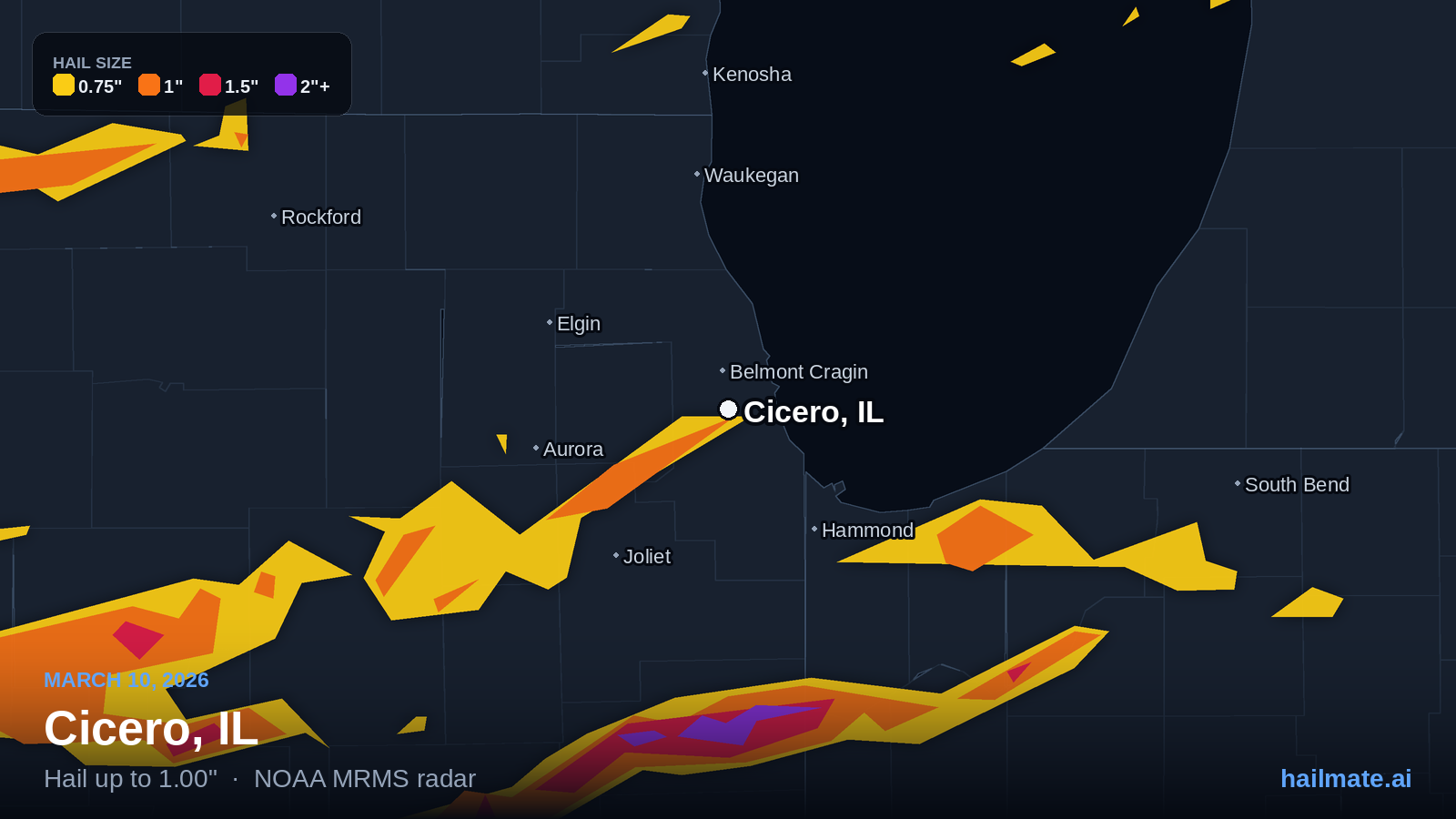 Hail swath map for Cicero, IL on March 10, 2026 showing 1.00 inch hail.