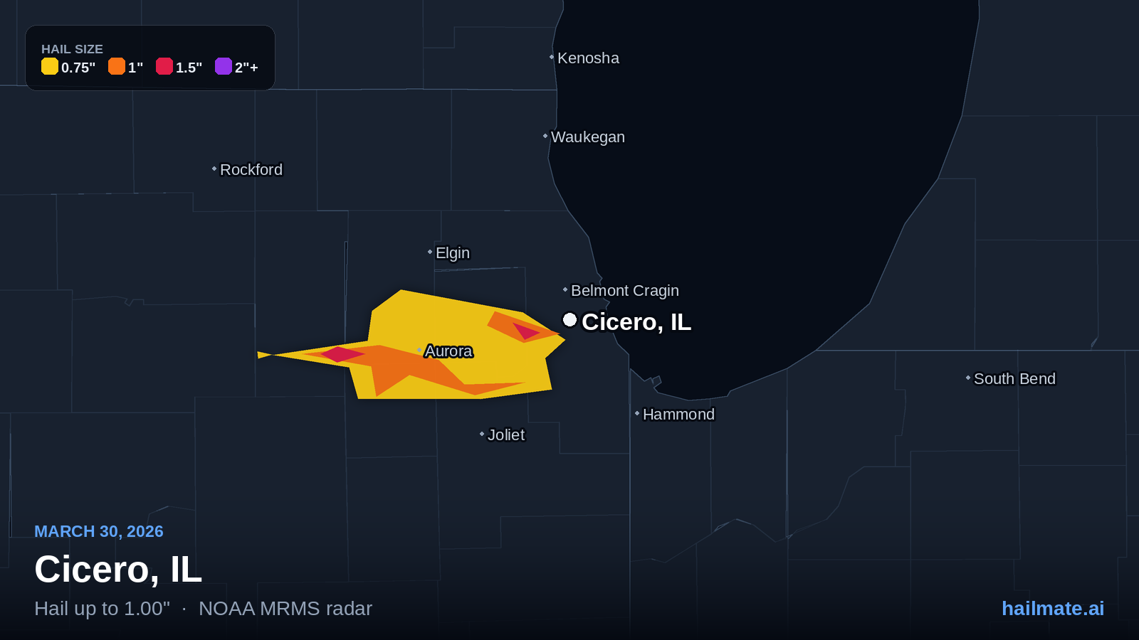 Hail swath map for Cicero, IL on March 30, 2026 showing 1.00 inch hail.