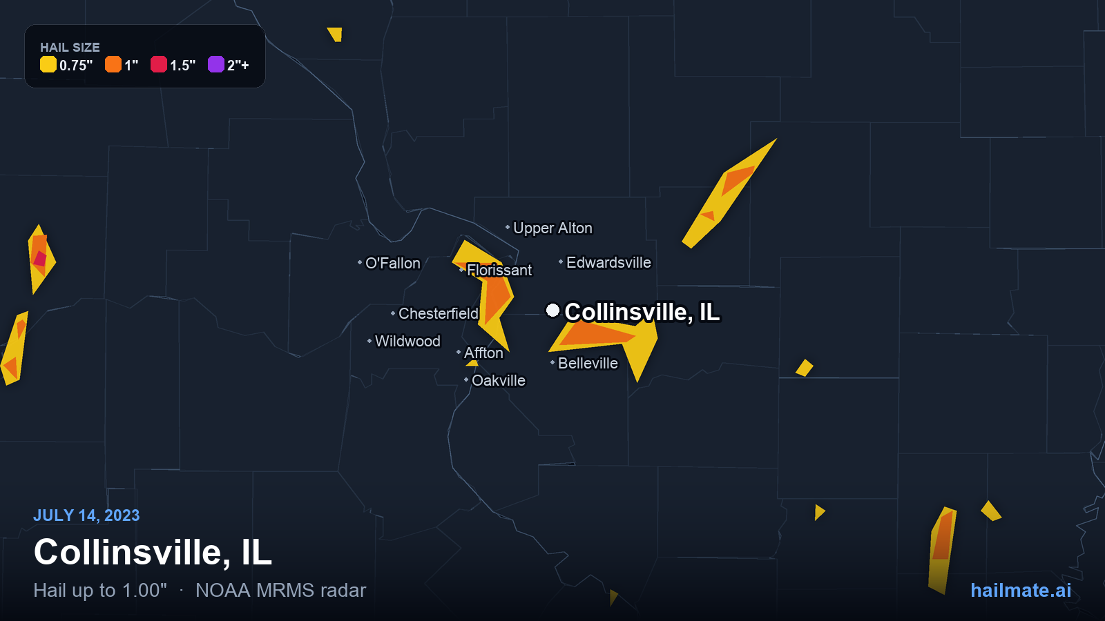 Hail swath map for Collinsville, IL on July 14, 2023 showing 1.00 inch hail.