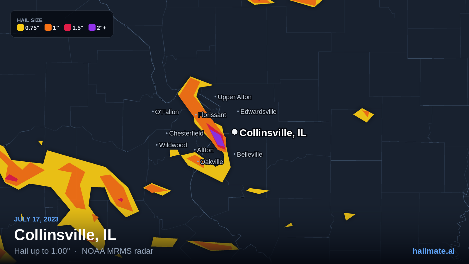 Hail swath map for Collinsville, IL on July 17, 2023 showing 1.00 inch hail.