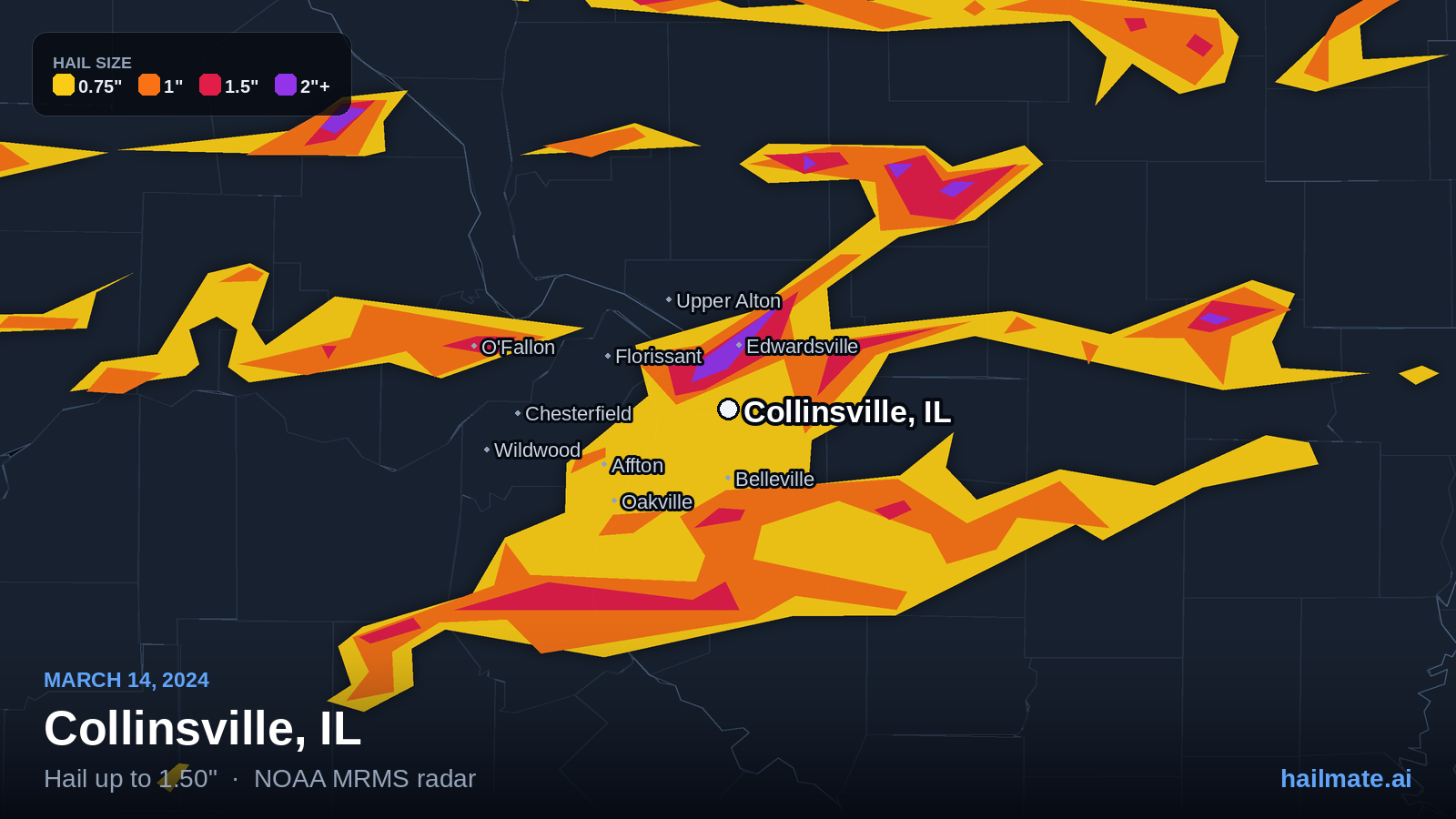 Hail swath map for Collinsville, IL on March 14, 2024 showing 1.50 inch hail.