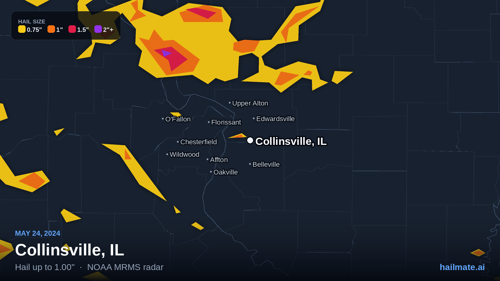 Hail swath map for Collinsville, IL on May 24, 2024 showing 1.00 inch hail.