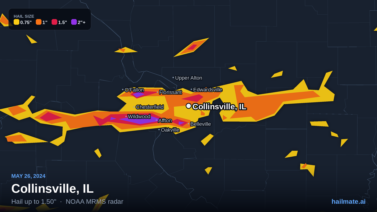 Hail swath map for Collinsville, IL on May 26, 2024 showing 1.50 inch hail.