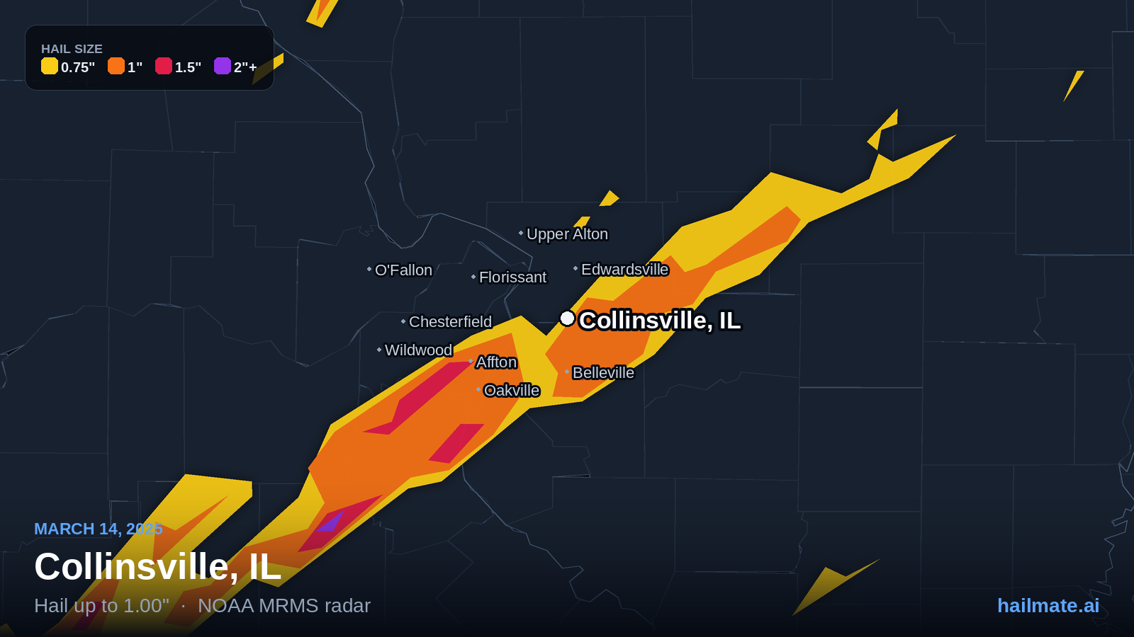 Hail swath map for Collinsville, IL on March 14, 2025 showing 1.00 inch hail.
