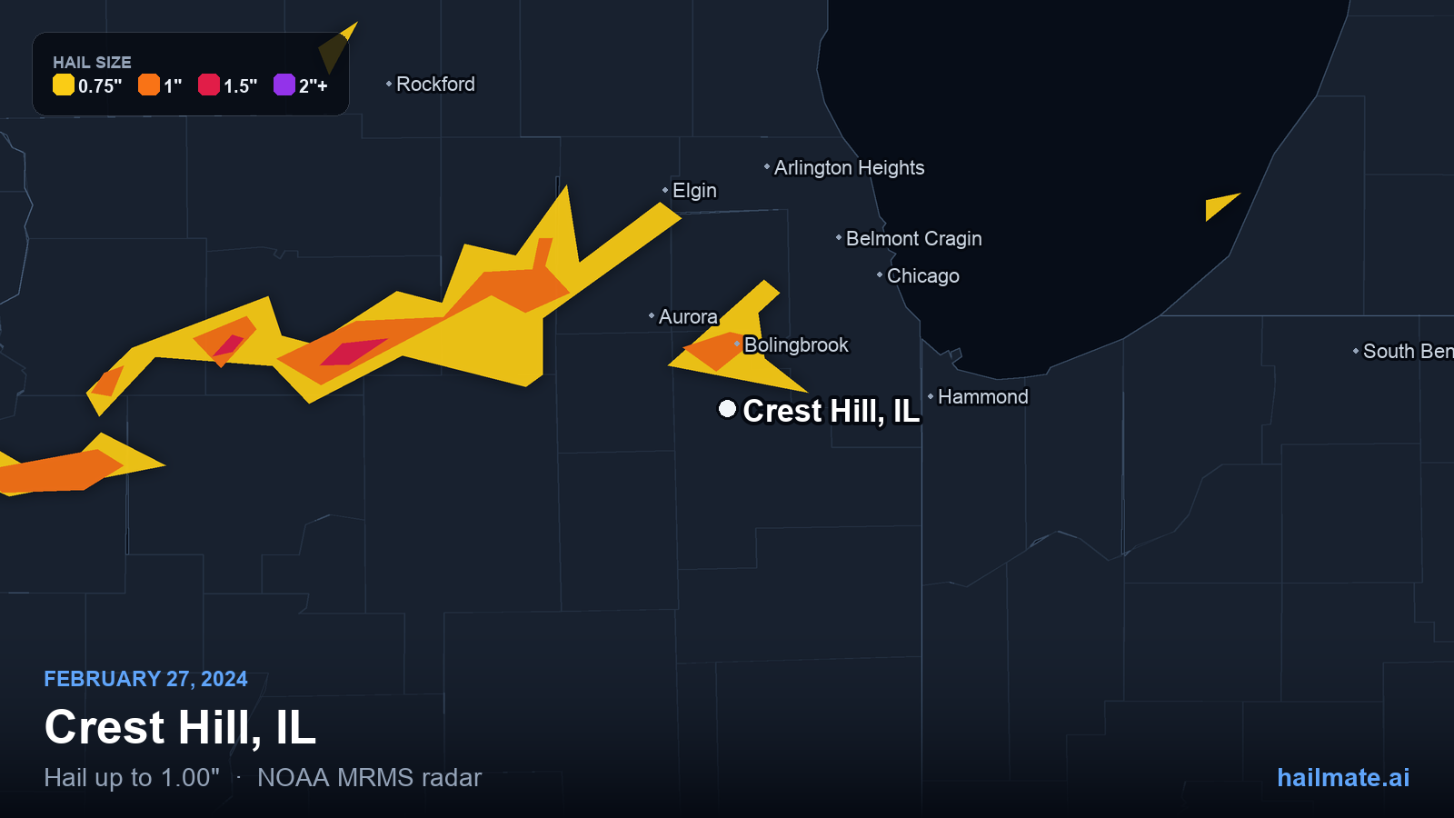 Hail swath map for Crest Hill, IL on February 27, 2024 showing 1.00 inch hail.