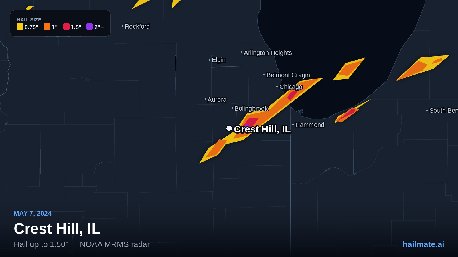 Hail swath map for Crest Hill, IL on May 7, 2024 showing 1.50 inch hail.