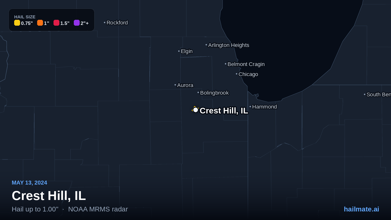 Hail swath map for Crest Hill, IL on May 13, 2024 showing 1.00 inch hail.
