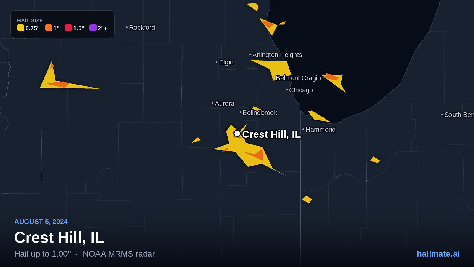 Hail swath map for Crest Hill, IL on August 5, 2024 showing 1.00 inch hail.