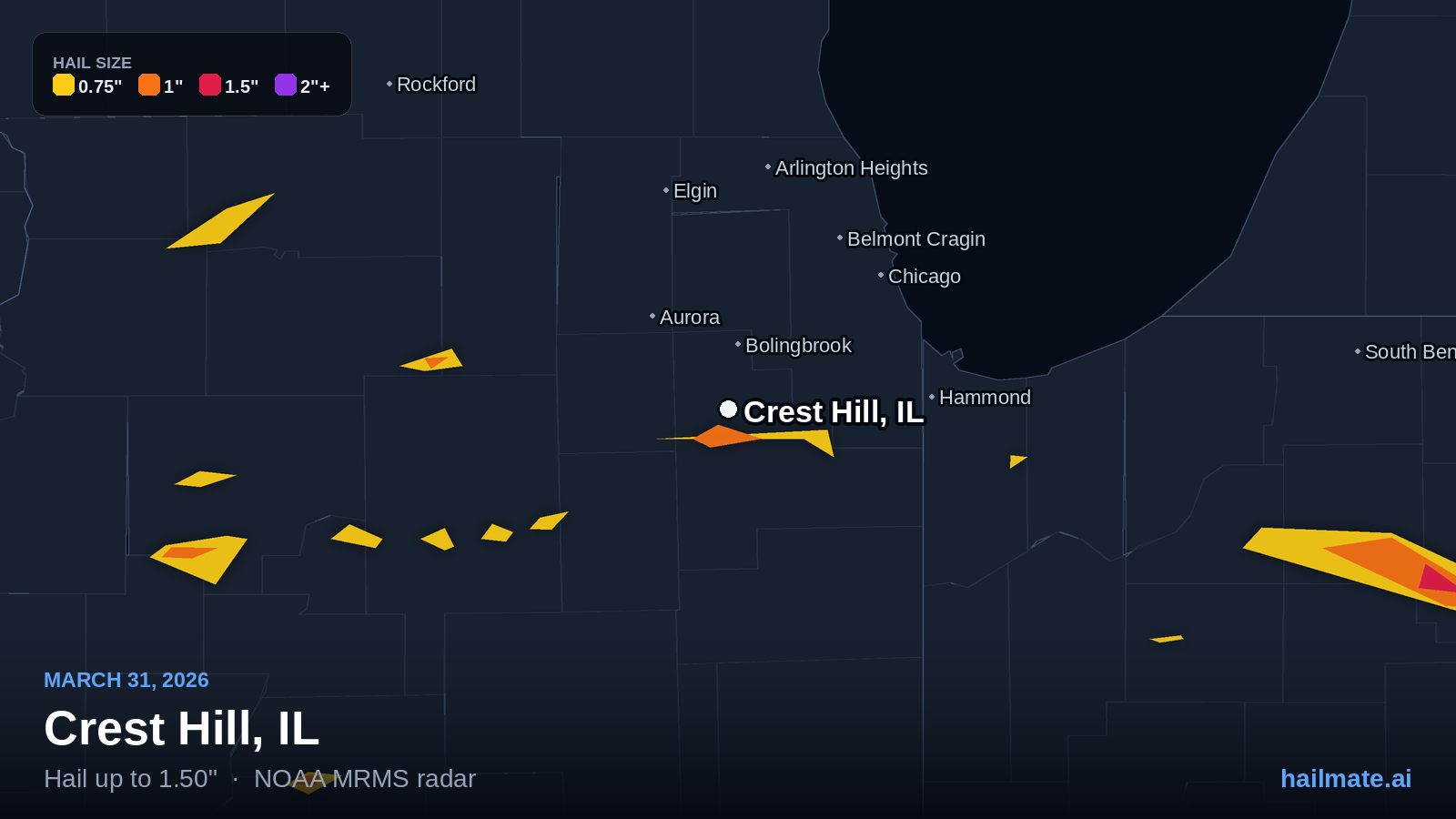 Hail swath map for Crest Hill, IL on March 31, 2026 showing 1.50 inch hail.