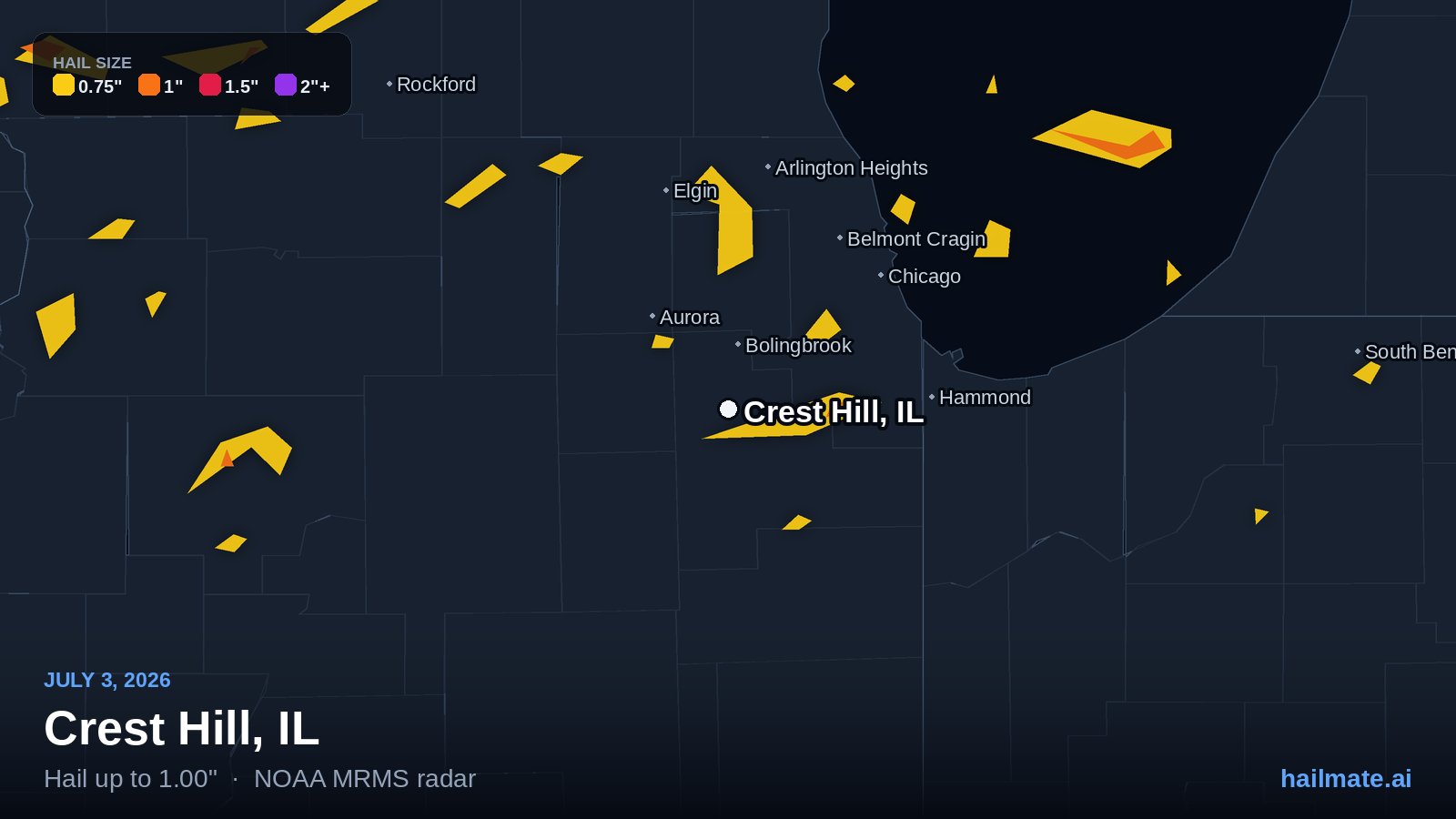 Hail swath map for Crest Hill, IL on July 3, 2026 showing 1.00 inch hail.