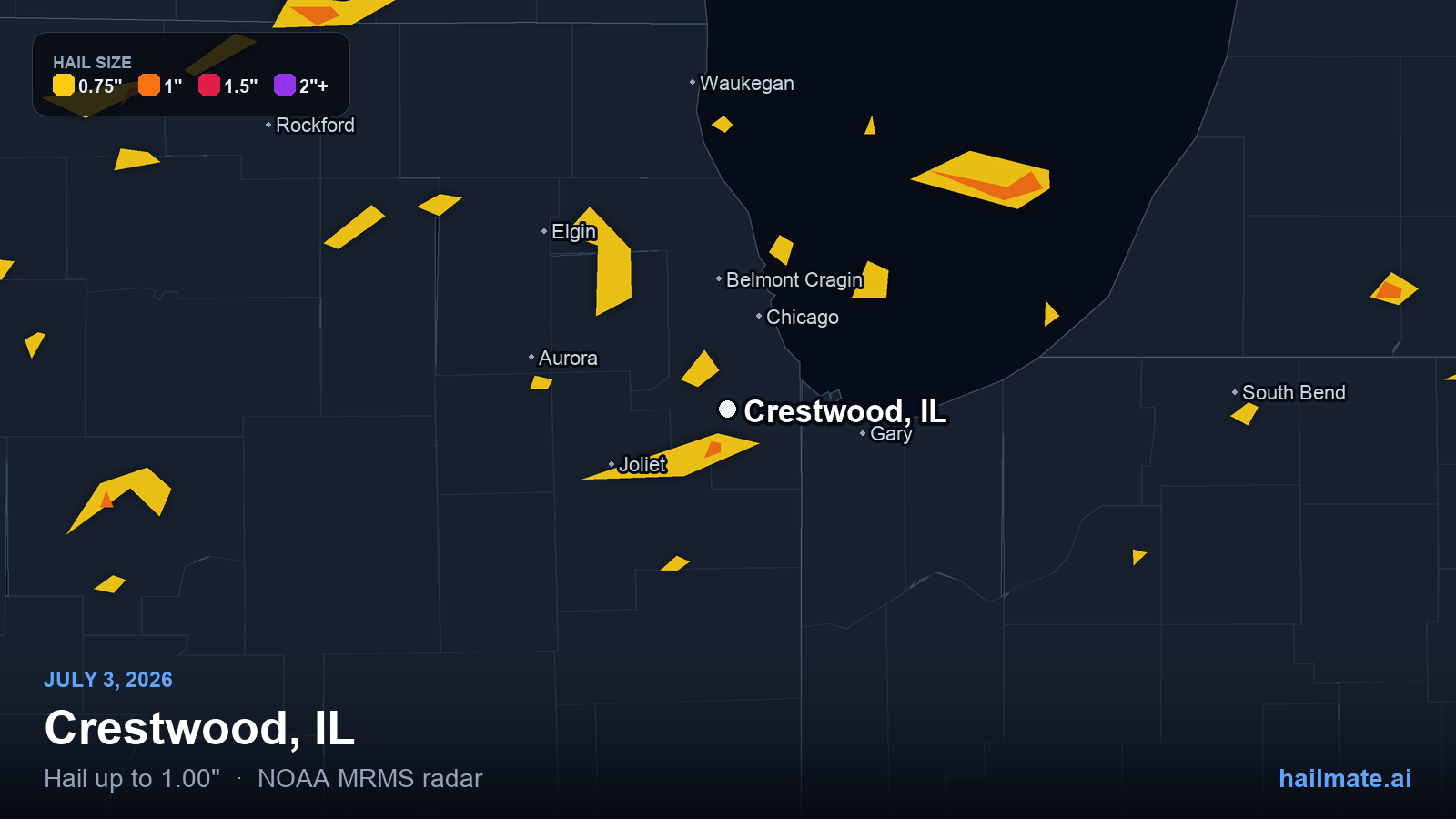 Hail swath map for Crestwood, IL on July 3, 2026 showing 1.00 inch hail.