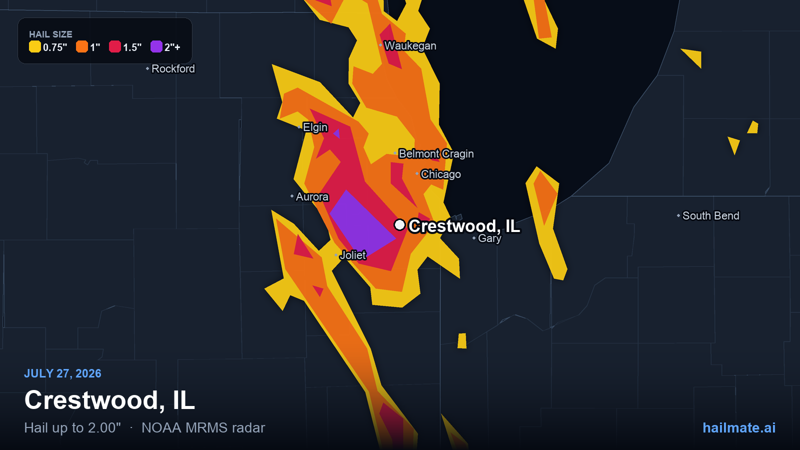 Hail swath map for Crestwood, IL on July 27, 2026 showing 2.00 inch hail.