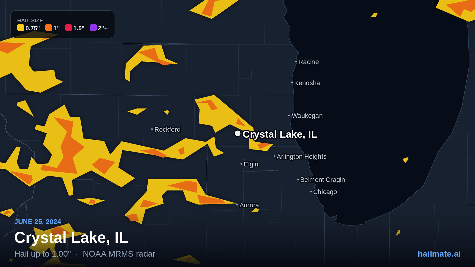 Hail swath map for Crystal Lake, IL on June 25, 2024 showing 1.00 inch hail.