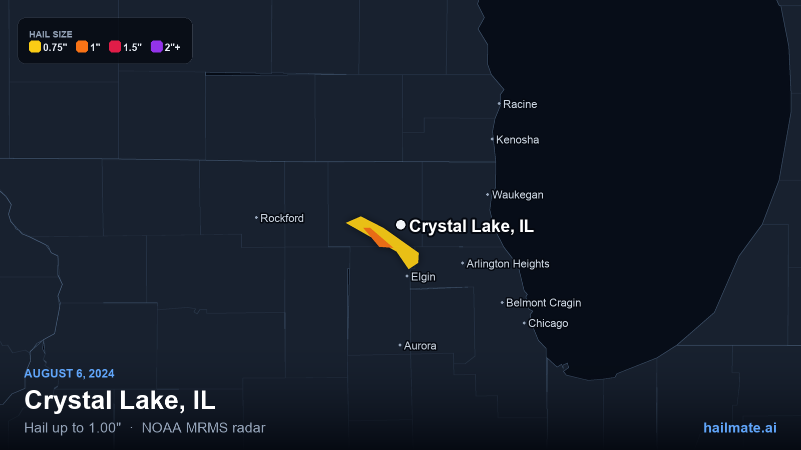 Hail swath map for Crystal Lake, IL on August 6, 2024 showing 1.00 inch hail.
