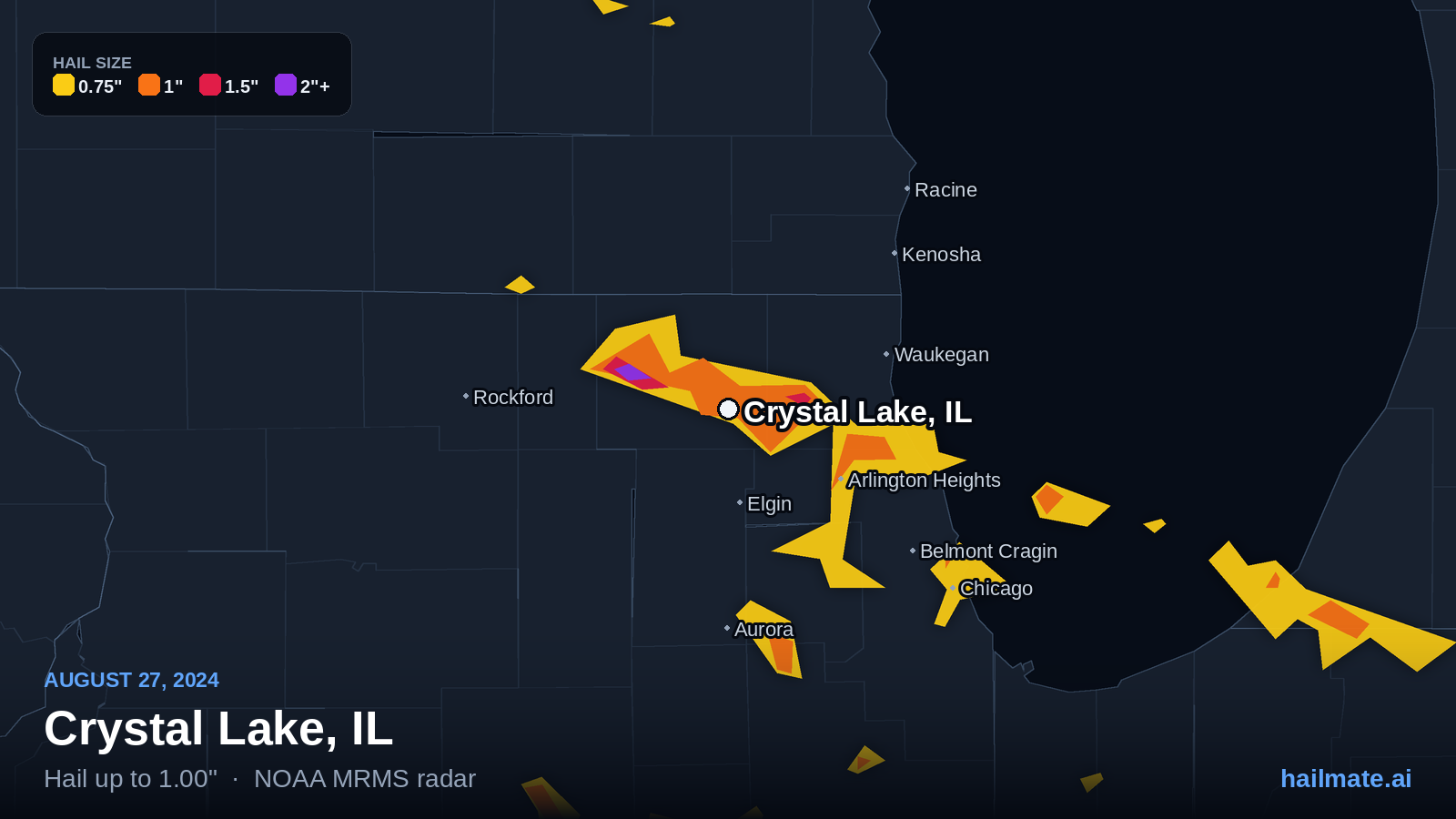 Hail swath map for Crystal Lake, IL on August 27, 2024 showing 1.00 inch hail.
