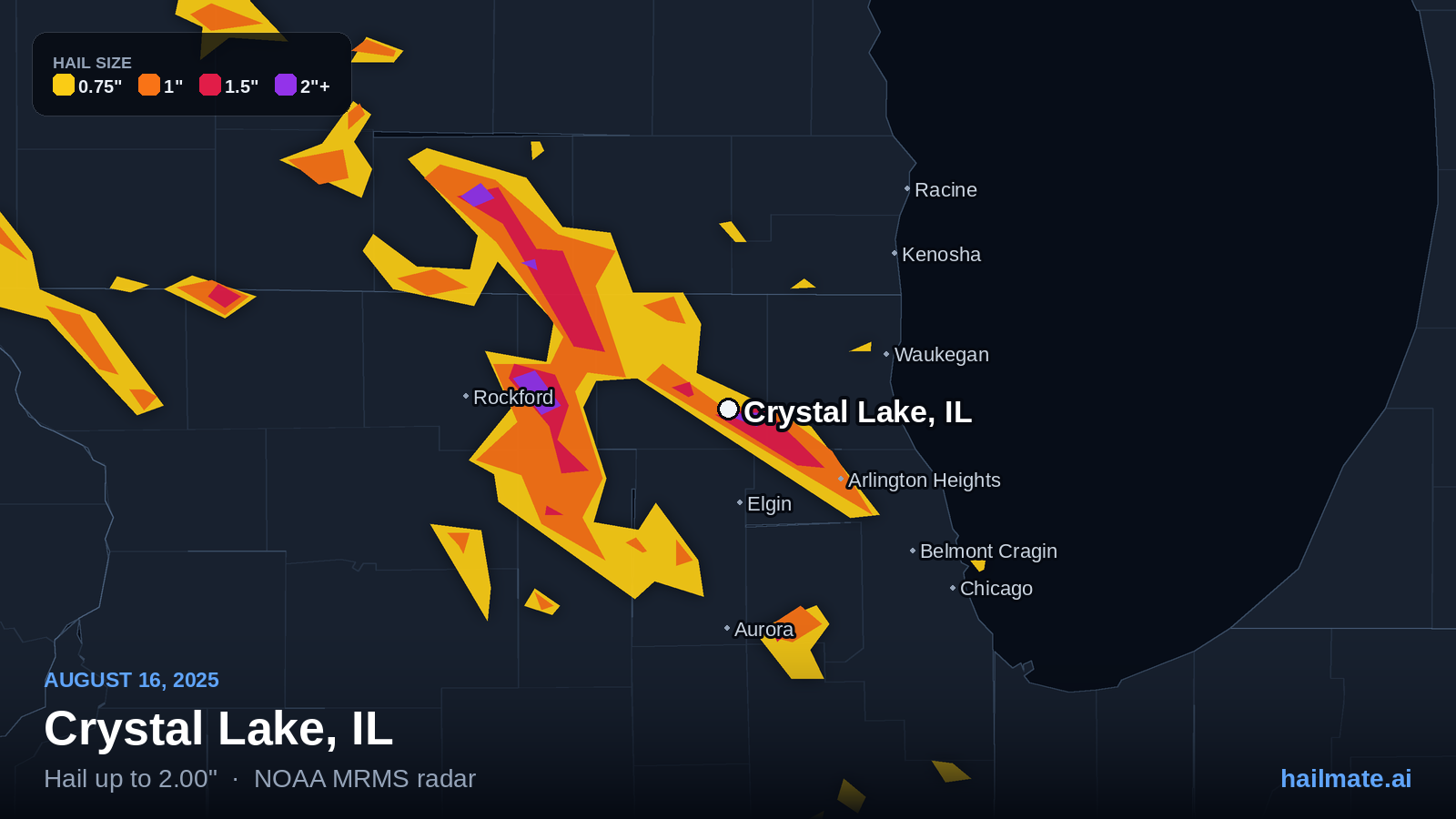 Hail swath map for Crystal Lake, IL on August 16, 2025 showing 2.00 inch hail.