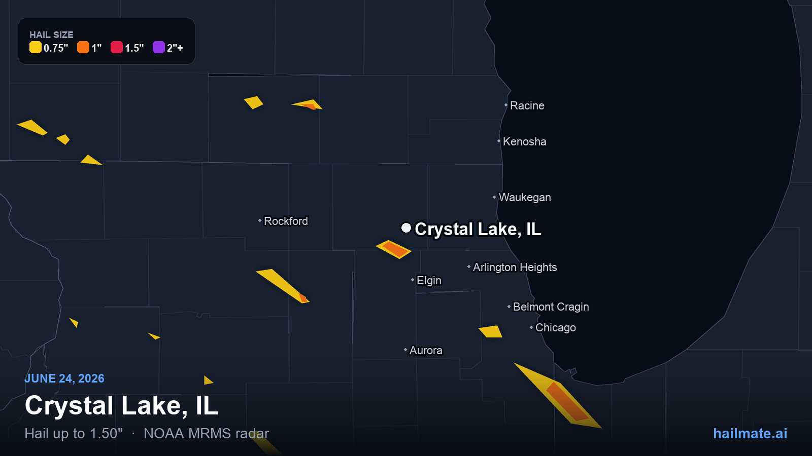 Hail swath map for Crystal Lake, IL on June 24, 2026 showing 1.50 inch hail.
