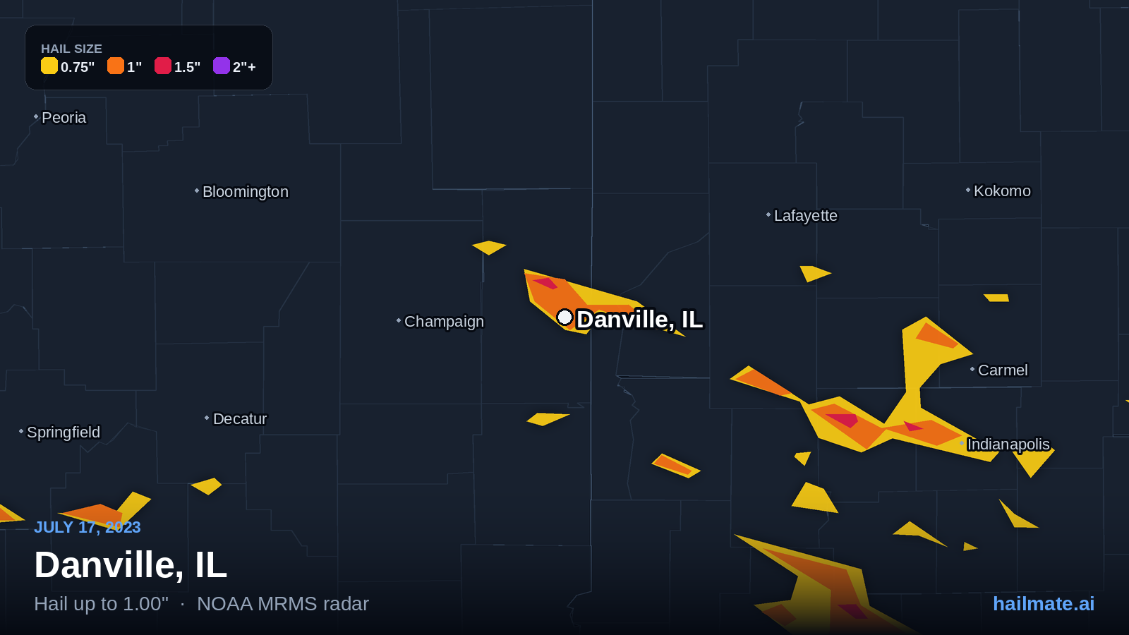 Hail swath map for Danville, IL on July 17, 2023 showing 1.00 inch hail.