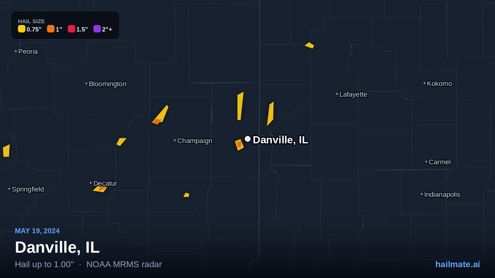 Hail swath map for Danville, IL on May 19, 2024 showing 1.00 inch hail.
