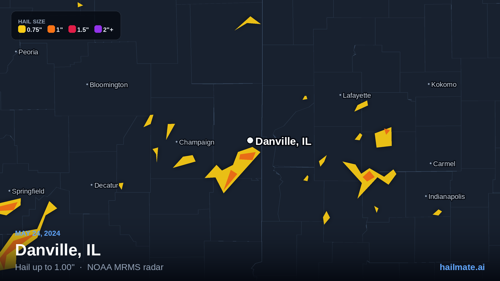 Hail swath map for Danville, IL on May 24, 2024 showing 1.00 inch hail.