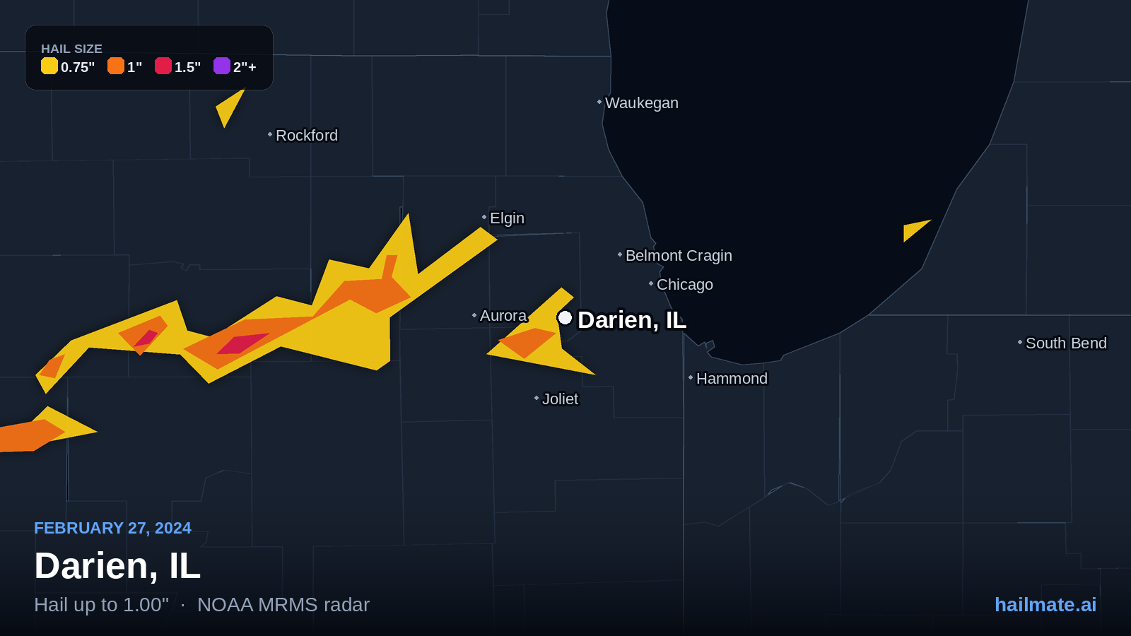 Hail swath map for Darien, IL on February 27, 2024 showing 1.00 inch hail.