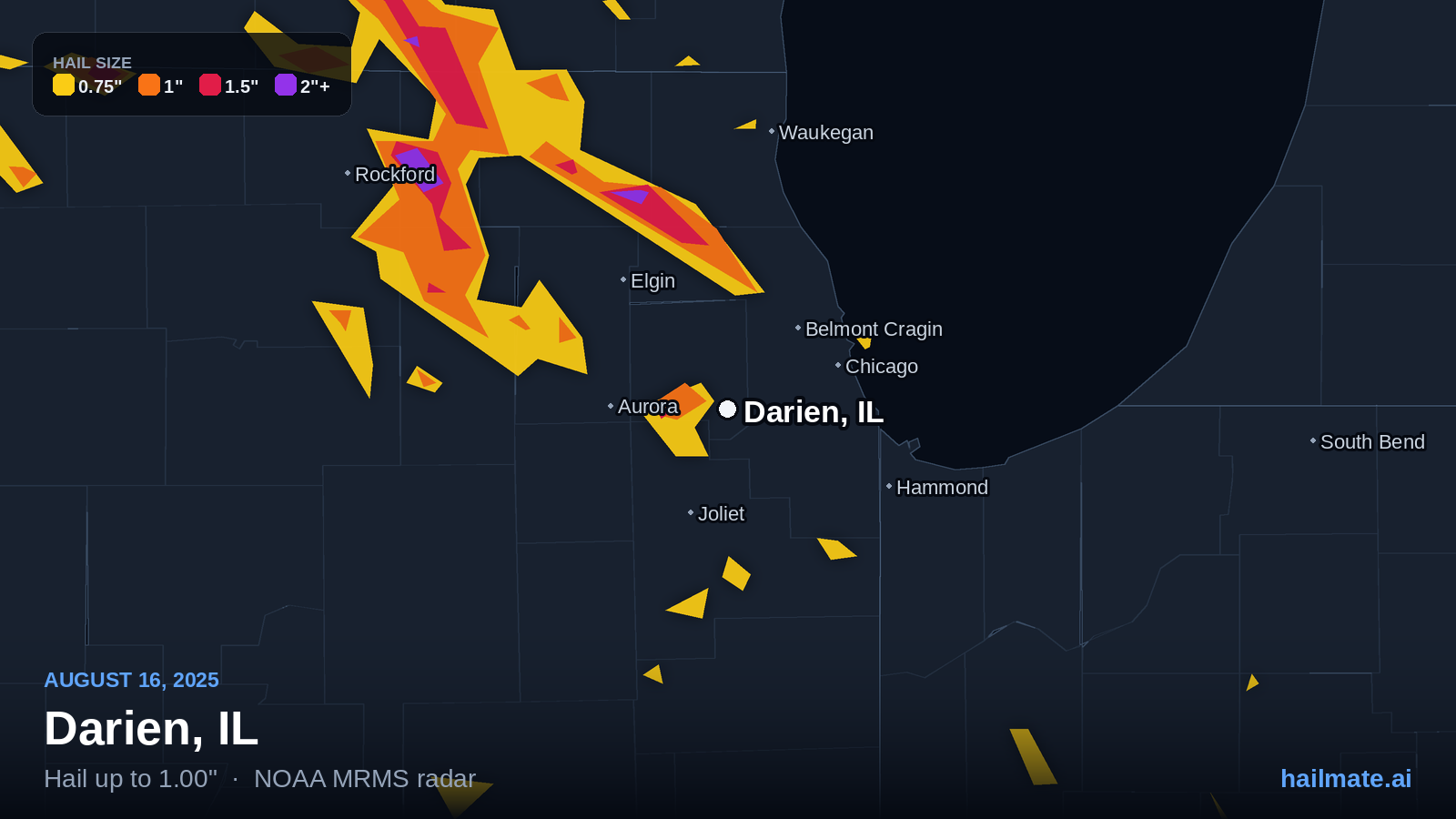 Hail swath map for Darien, IL on August 16, 2025 showing 1.00 inch hail.