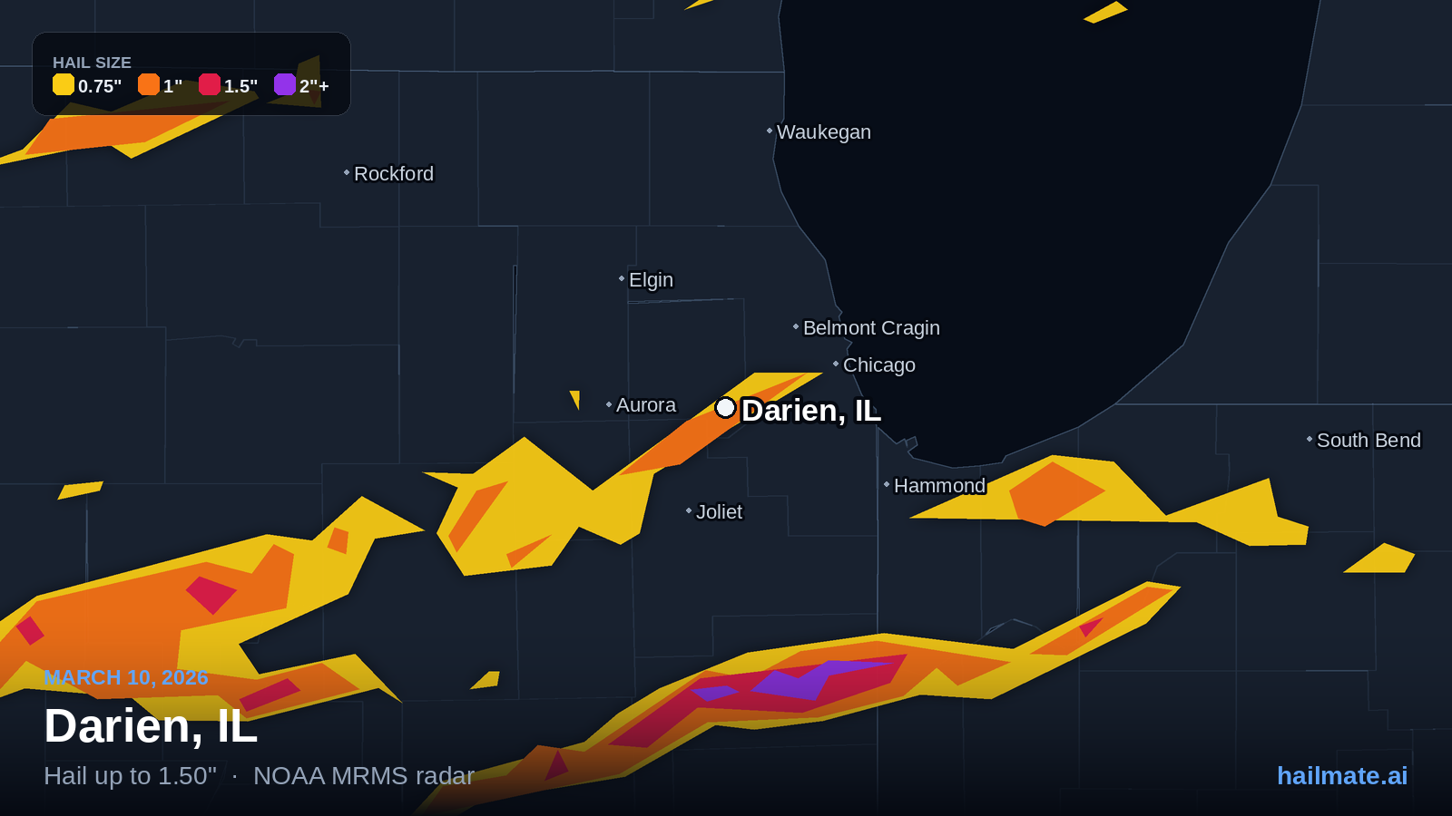 Hail swath map for Darien, IL on March 10, 2026 showing 1.50 inch hail.