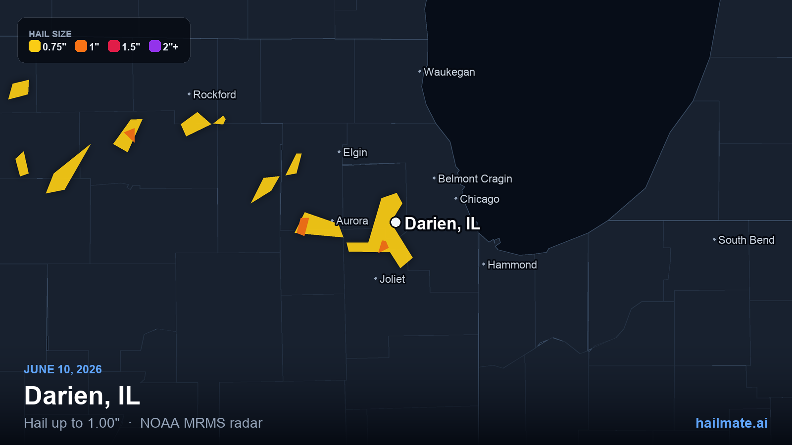 Hail swath map for Darien, IL on June 10, 2026 showing 1.00 inch hail.