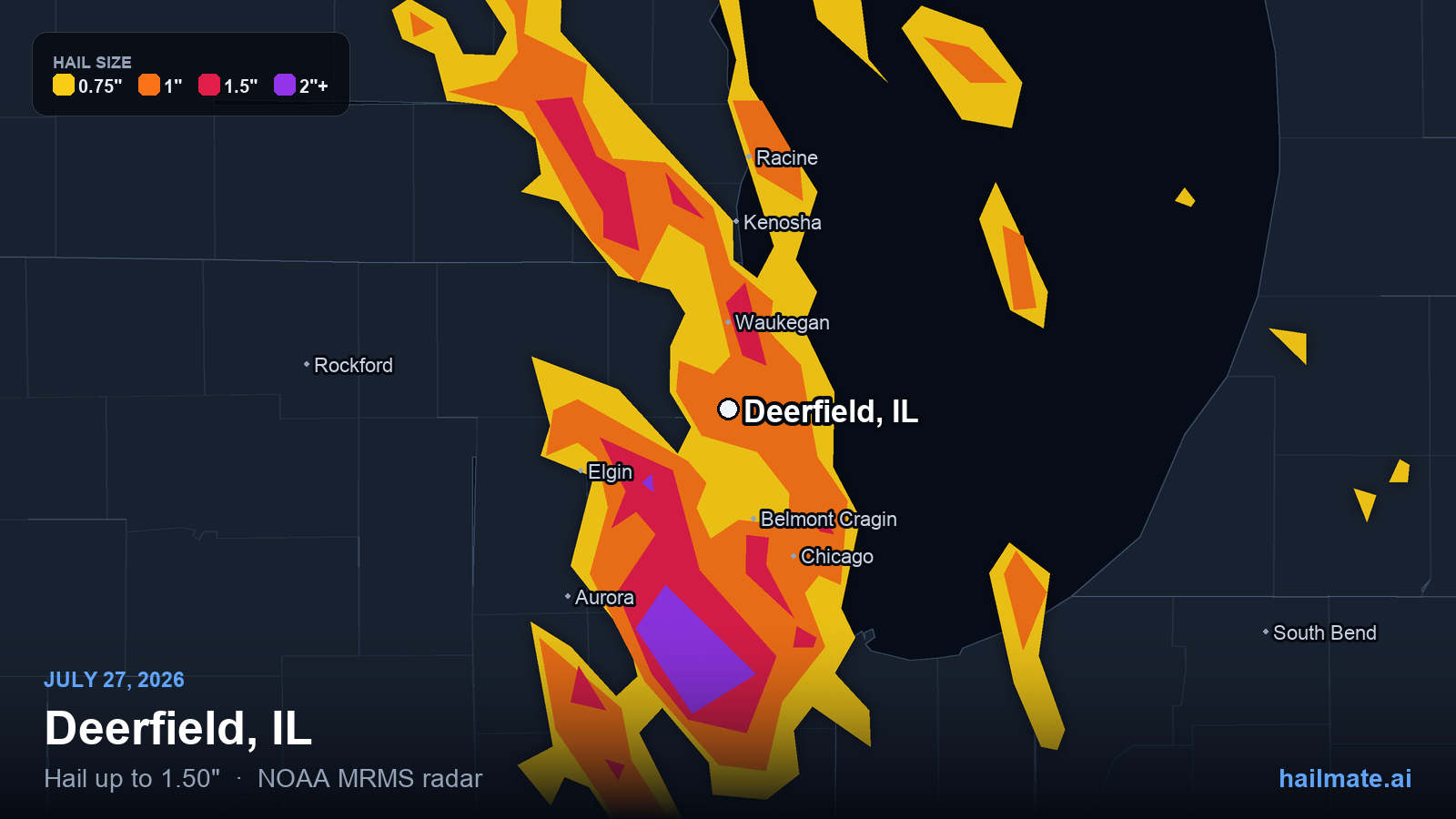 Hail swath map for Deerfield, IL on July 27, 2026 showing 1.50 inch hail.