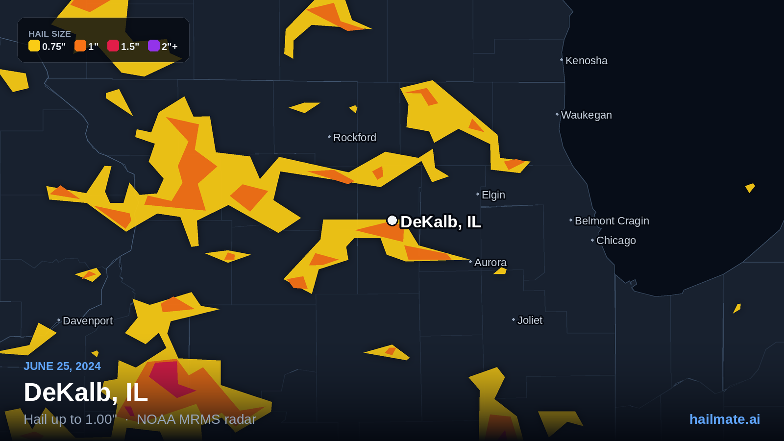 Hail swath map for DeKalb, IL on June 25, 2024 showing 1.00 inch hail.