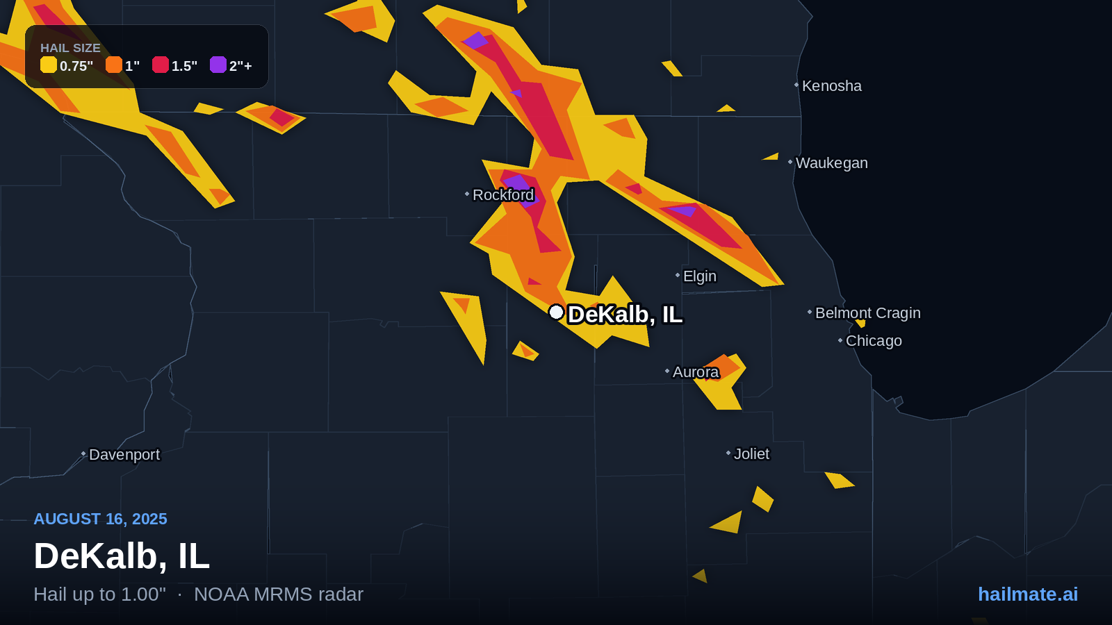 Hail swath map for DeKalb, IL on August 16, 2025 showing 1.00 inch hail.