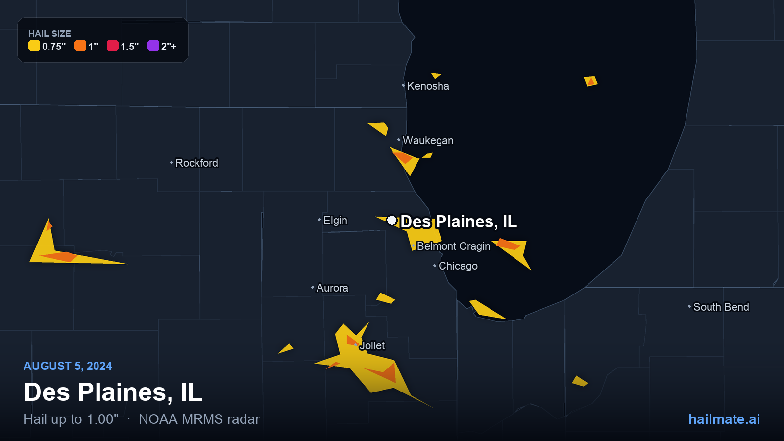Hail swath map for Des Plaines, IL on August 5, 2024 showing 1.00 inch hail.