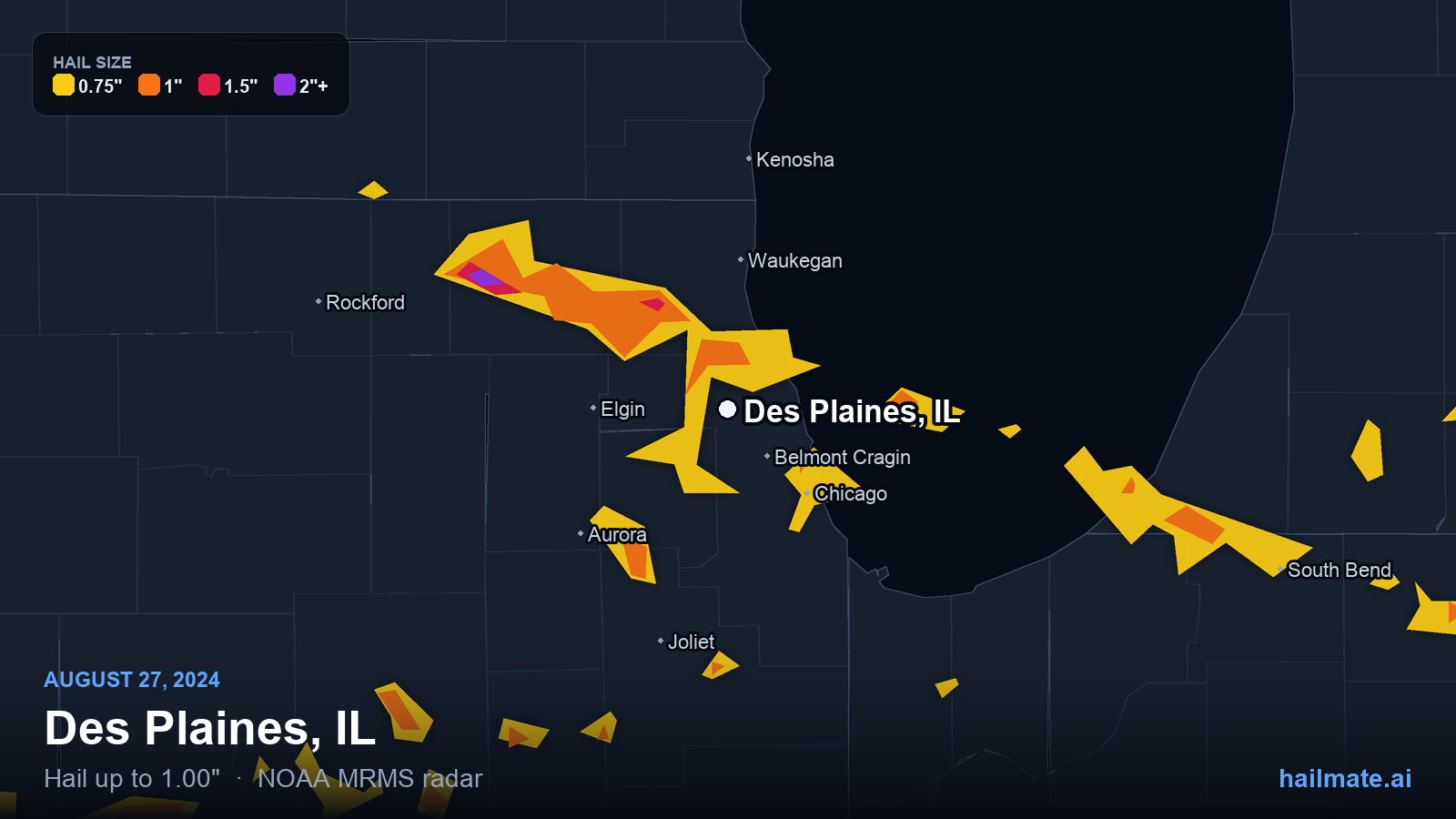 Hail swath map for Des Plaines, IL on August 27, 2024 showing 1.00 inch hail.