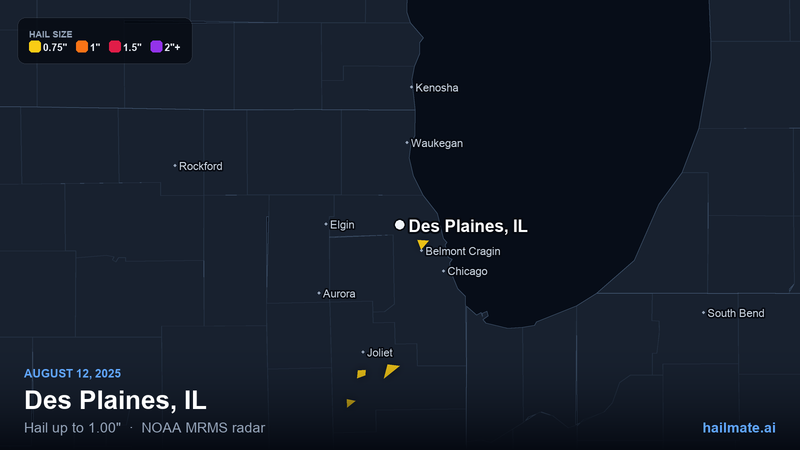 Hail swath map for Des Plaines, IL on August 12, 2025 showing 1.00 inch hail.