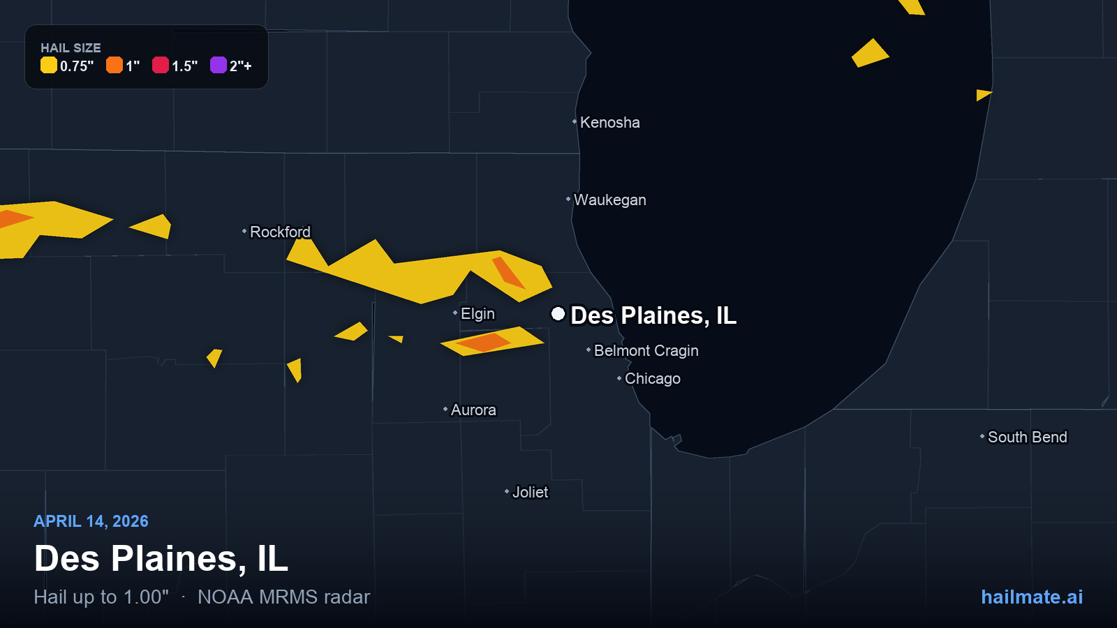 Hail swath map for Des Plaines, IL on April 14, 2026 showing 1.00 inch hail.