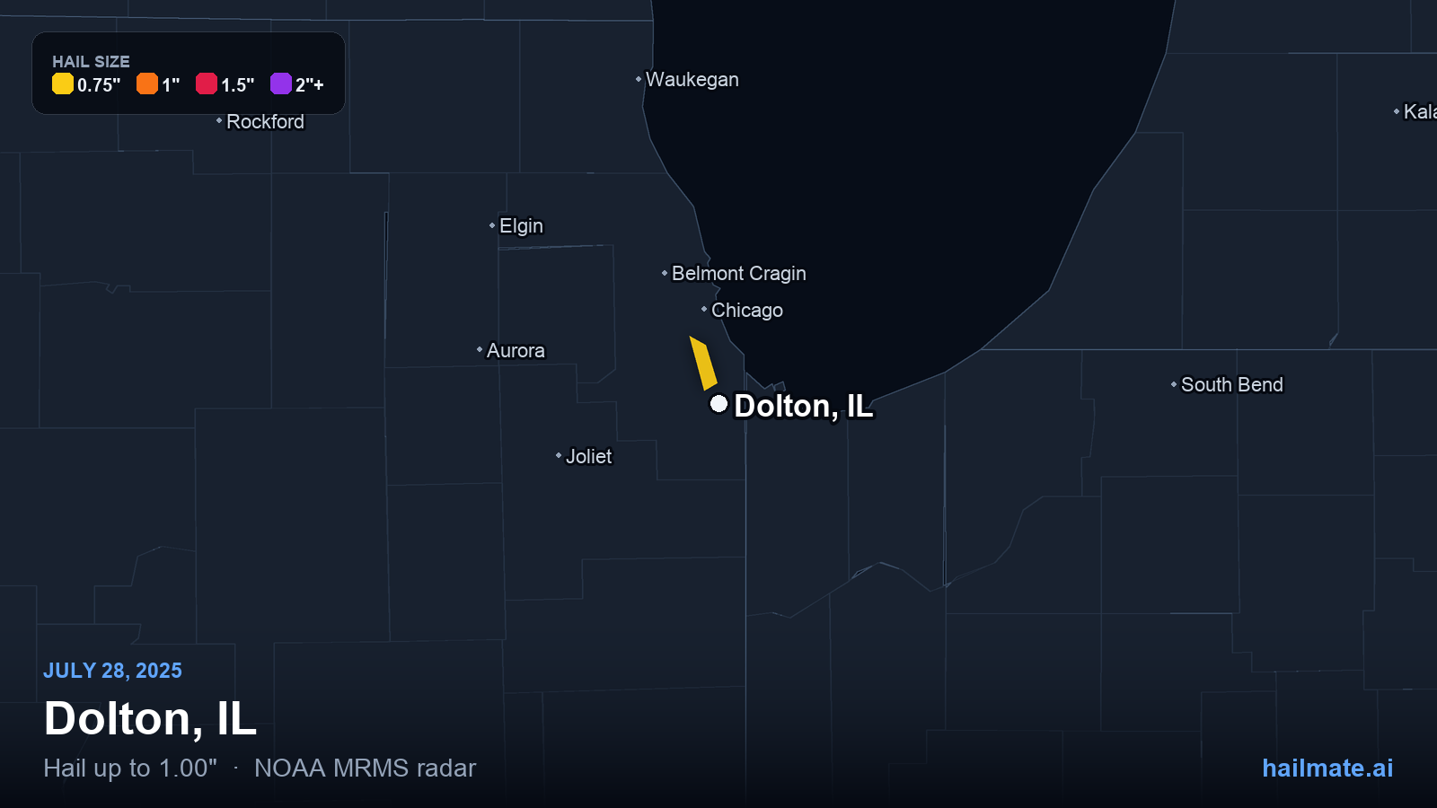 Hail swath map for Dolton, IL on July 28, 2025 showing 1.00 inch hail.