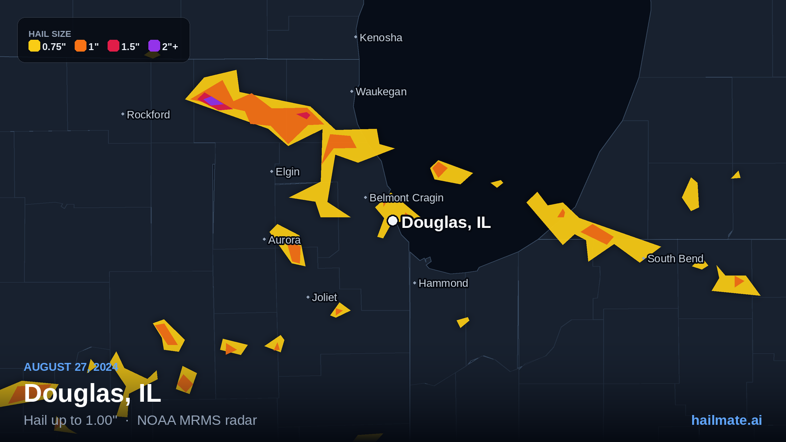 Hail swath map for Douglas, IL on August 27, 2024 showing 1.00 inch hail.