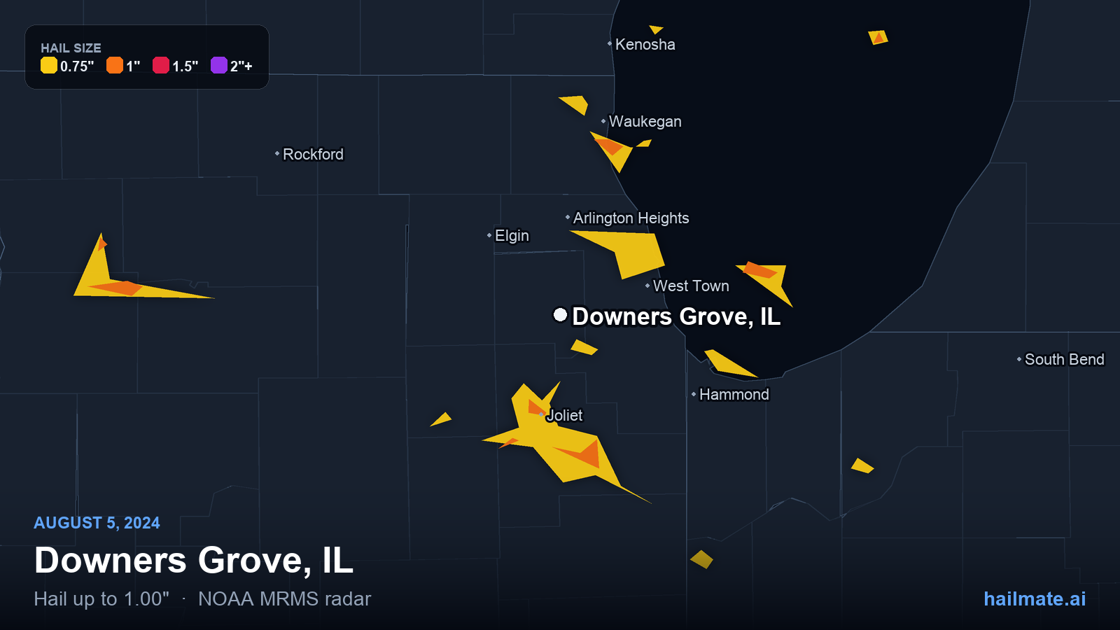 Hail swath map for Downers Grove, IL on August 5, 2024 showing 1.00 inch hail.